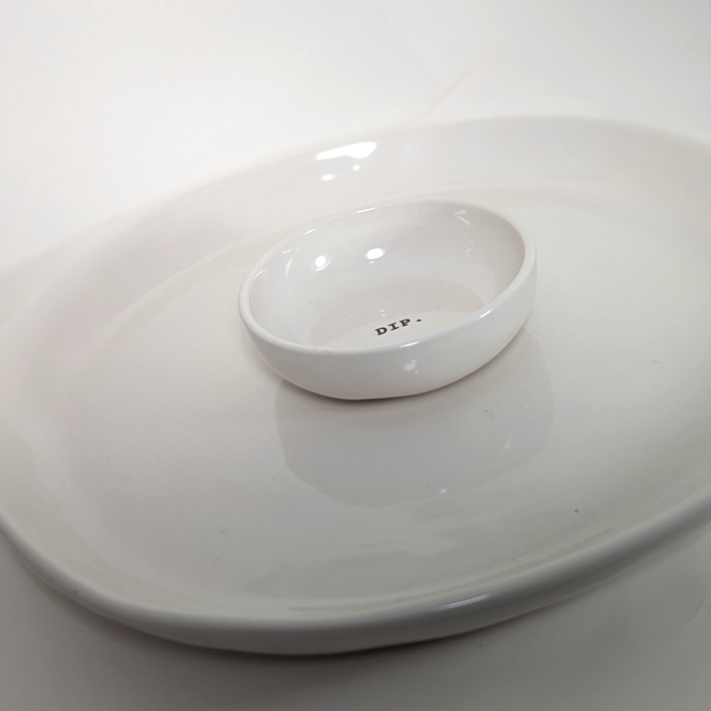 Rae Dunn DIP platter with typewriter font HTF